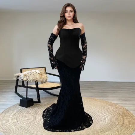 Fashion women's sexy strapless see through lace long skirt two-piece set