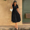 V-neck commuting printed short sleeved waist cinching dress