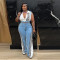 New casual webbing loose splicing denim wide leg pants set