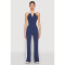 Fashion splicing contrasting color V-neck zipper sleeveless split pants two-piece set