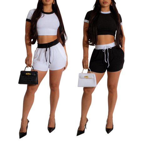 Women's sports knitted shorts set two-piece set sexy hot pants short T summer