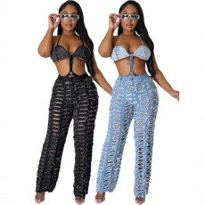 Women's perforated tassel solid color wide leg pants