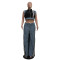 New casual webbing loose splicing denim wide leg pants set