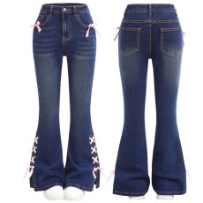 Women's bow jeans, loose straight leg wide leg pants, long pants