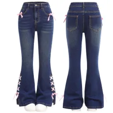 Women's bow jeans, loose straight leg wide leg pants, long pants