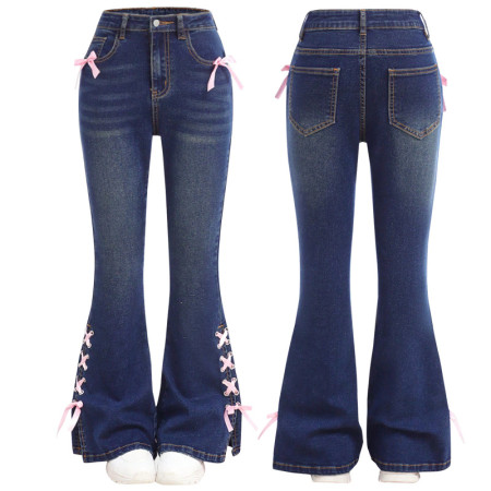 Women's bow jeans, loose straight leg wide leg pants, long pants