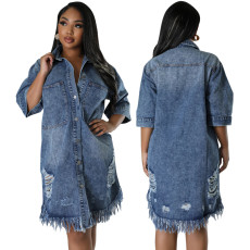 Large size women's new denim ripped tassel short sleeved lapel dress