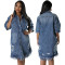 Large size women's new denim ripped tassel short sleeved lapel dress