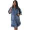 Large size women's new denim ripped tassel short sleeved lapel dress
