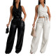 Women's PU leather suit sleeveless hanging neck sexy suit leather pants two-piece set summer