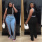 New casual webbing loose splicing denim wide leg pants set