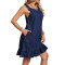 New women's denim dress with round neck, sleeveless pleats, and short skirt