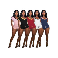 Women's V-neck tight contrasting lace up sports style short sleeved shorts spicy girl set