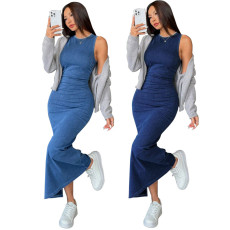 Women's new denim round neck sleeveless slim fit hip hugging dress