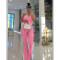 Fashion splicing contrasting color V-neck zipper sleeveless split pants two-piece set