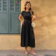 Round neck sleeveless pleated dress for women