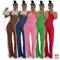 Fashion splicing contrasting color V-neck zipper sleeveless split pants two-piece set
