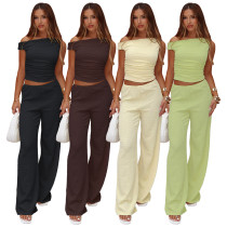Elastic Bubble Single Shoulder Diagonal Collar Folded Wide Leg Pants Set Two Piece Set