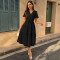 V-neck commuting printed short sleeved waist cinching dress