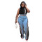 New casual webbing loose splicing denim wide leg pants set