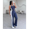 Fashion splicing contrasting color V-neck zipper sleeveless split pants two-piece set