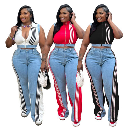 New casual webbing loose splicing denim wide leg pants set