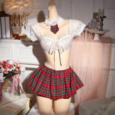 Sexy lingerie set lace bra plaid short skirt thong tie four piece set