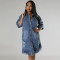 Large size women's new denim ripped tassel short sleeved lapel dress