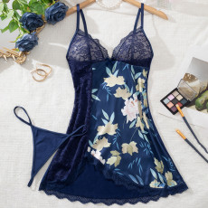 Sexy lingerie lace print women's nightgown thong two-piece set