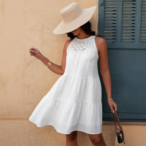 Women's hollow lace patchwork hanging neck A-line dress