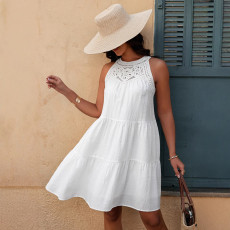 Women's hollow lace patchwork hanging neck A-line dress
