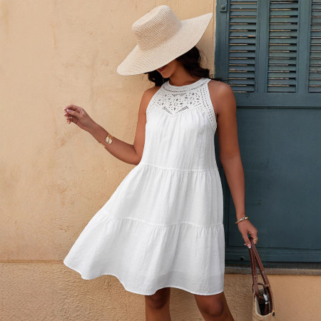Women's hollow lace patchwork hanging neck A-line dress