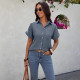 Short sleeved button V-neck loose fitting women's shirt