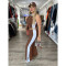 Fashion splicing contrasting color V-neck zipper sleeveless split pants two-piece set