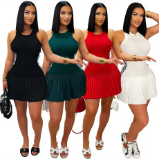 Sexy sleeveless round neck pleated skirt, short skirt, fashionable casual skirt