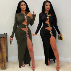 Fashionable black tight dress, new sexy hollow slit dress, long skirt