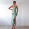 Fashionable temperament pleated long skirt, female sexy sloping shoulder lace backless slit dress