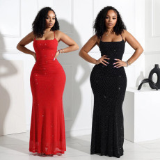 Sexy suspender rhinestone polyester mesh dress, hip hugging long skirt for women