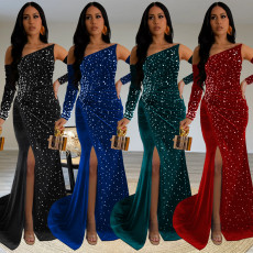 Fashionable women's sexy slim fit bag arm rhinestone split dress