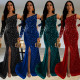 Fashionable women's sexy slim fit bag arm rhinestone split dress