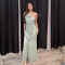 Fashionable temperament pleated long skirt, female sexy sloping shoulder lace backless slit dress