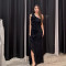 Fashionable temperament pleated long skirt, female sexy sloping shoulder lace backless slit dress