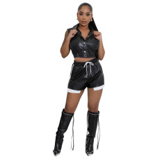 Women's fashion simple single breasted PU sleeveless top and deep pocket shorts two-piece set