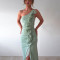 Fashionable temperament pleated long skirt, female sexy sloping shoulder lace backless slit dress