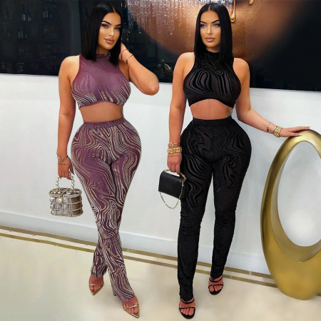 Two piece fashionable round neck sexy sleeveless short top paired with slim pencil pants