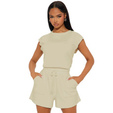 Women's casual solid color sleeveless top and drawstring pocket shorts new two-piece set