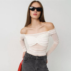 Summer fashion one neck mesh top women's cross-border new pleated see through tight fitting T-shirt