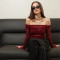 Summer fashion one neck mesh top women's cross-border new pleated see through tight fitting T-shirt