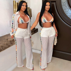 Women's new knitted sexy perspective hollow three piece set with casual beach style