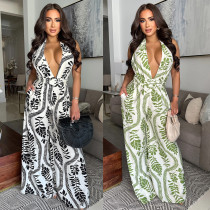 Fashionable women's casual sexy deep V-neck backless printed jumpsuit